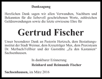 Traueranzeige von Gertrud Fischer von Thüringer Allgemeine, Thüringische Landeszeitung