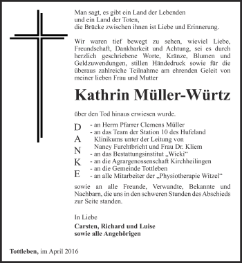 Traueranzeige von Kathrin Müller-Würtz von Ostthüringer Zeitung, Thüringische Landeszeitung