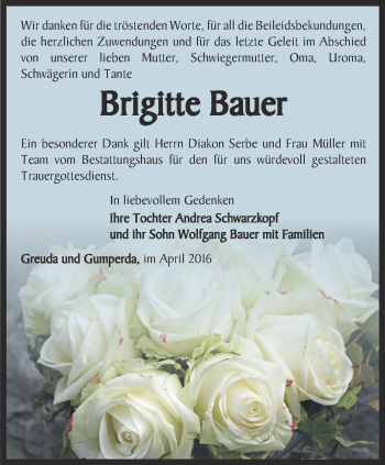 Traueranzeige von Brigitte Bauer von Ostthüringer Zeitung, Thüringische Landeszeitung