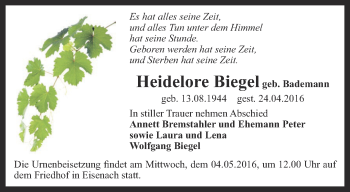 Traueranzeige von Heidelore Biegel von Ostthüringer Zeitung, Thüringische Landeszeitung