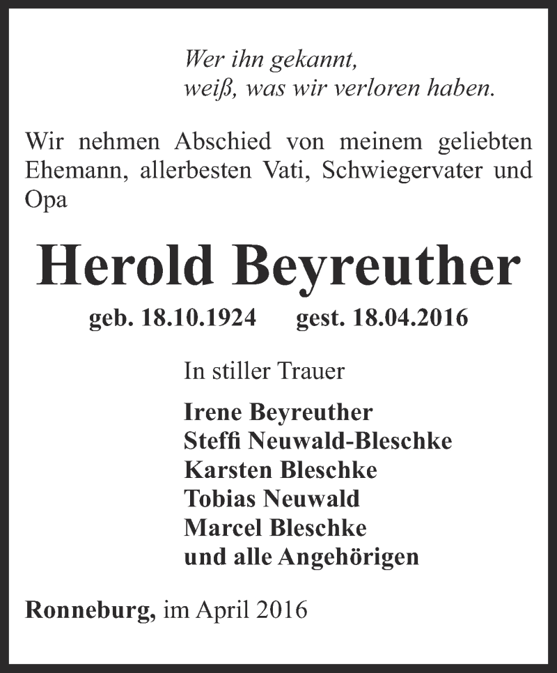  Traueranzeige für Herold Beyreuther vom 22.04.2016 aus Ostthüringer Zeitung