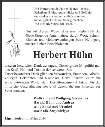 Traueranzeige von Hühn Herbert von Thüringer Allgemeine, Thüringische Landeszeitung