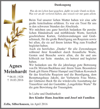 Traueranzeige von Agnes Meinhardt von Thüringer Allgemeine, Thüringische Landeszeitung