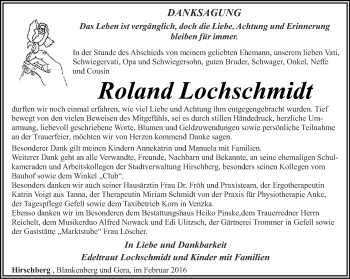 Traueranzeige von Roland Lochschmidt von Ostthüringer Zeitung