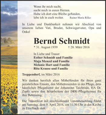 Traueranzeige von Bernd Schmidt von Ostthüringer Zeitung