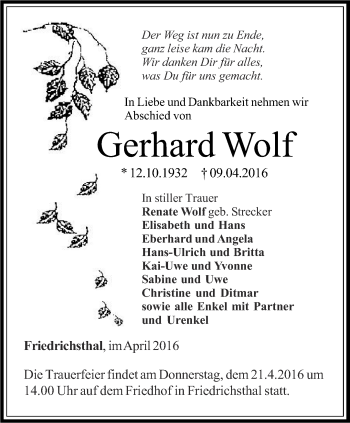 Traueranzeige von Gerhard Wolf von Thüringer Allgemeine