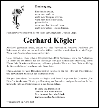 Traueranzeige von Gerhard Kögler von Ostthüringer Zeitung