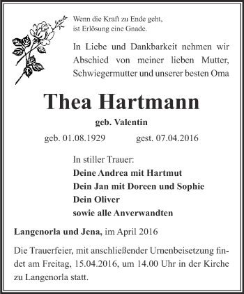 Traueranzeige von Thea Hartmann von Ostthüringer Zeitung