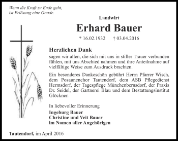 Traueranzeige von Erhard Bauer von Ostthüringer Zeitung