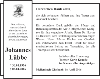 Traueranzeige von Johannes Lübbe von Ostthüringer Zeitung