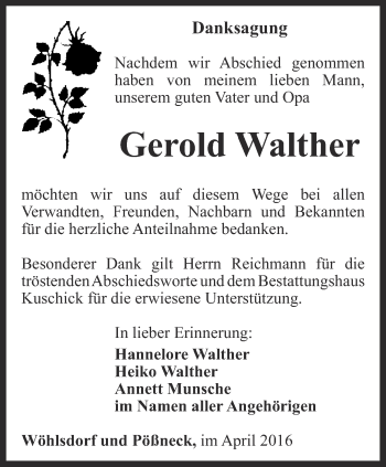 Traueranzeige von Gerold Walther von Ostthüringer Zeitung