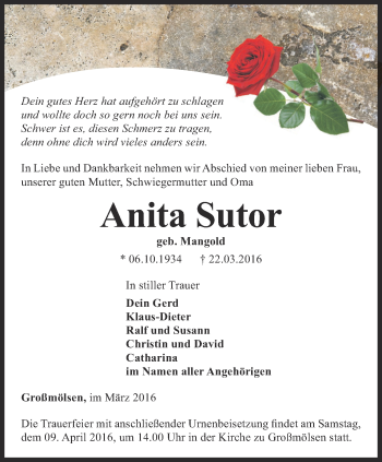 Traueranzeige von Anita Sutor von Thüringer Allgemeine, Thüringische Landeszeitung