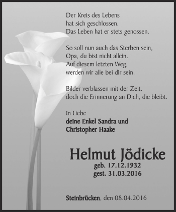 Traueranzeige von Helmut Jödicke von Thüringer Allgemeine