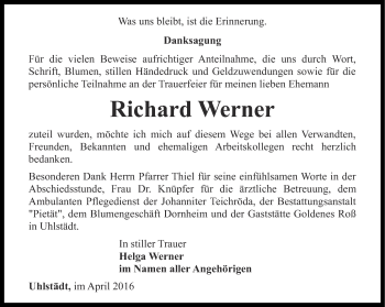 Traueranzeige von Richard Werner von Ostthüringer Zeitung