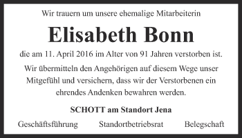 Traueranzeige von Elisabeth Bonn von Ostthüringer Zeitung, Thüringische Landeszeitung