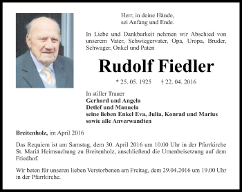 Traueranzeige von Rudolf Fiedler von Thüringer Allgemeine