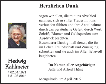 Traueranzeige von Hedwig Kahlmeier von Thüringer Allgemeine