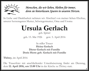 Traueranzeige von Ursula Gerlach von Thüringer Allgemeine