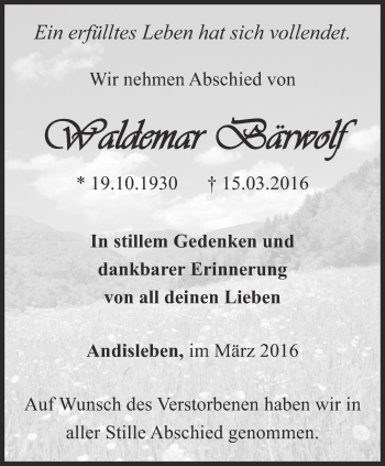Traueranzeige von Waldemar Bärwolf von Thüringer Allgemeine, Thüringische Landeszeitung