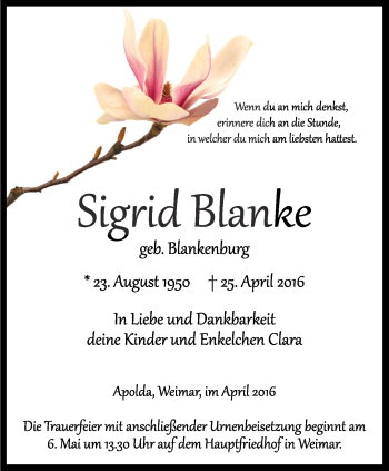 Traueranzeige von Sigrid Blanke von Thüringer Allgemeine, Thüringische Landeszeitung
