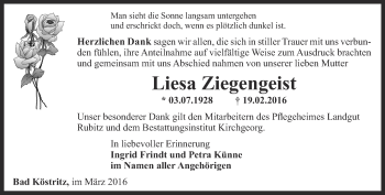 Traueranzeige von Liesa Ziegengeist von Ostthüringer Zeitung
