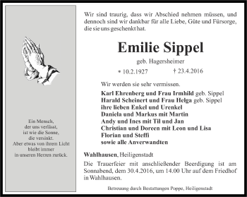 Traueranzeige von Emilie Sippel von Thüringer Allgemeine