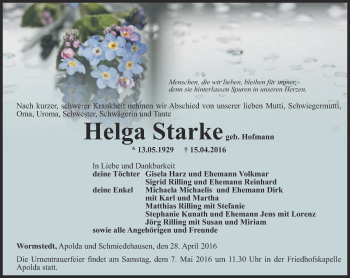 Traueranzeige von Helga Starke von Thüringer Allgemeine, Thüringische Landeszeitung