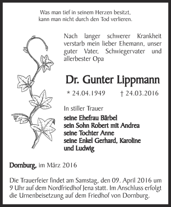 Traueranzeige von Gunter Lippmann von Ostthüringer Zeitung, Thüringische Landeszeitung