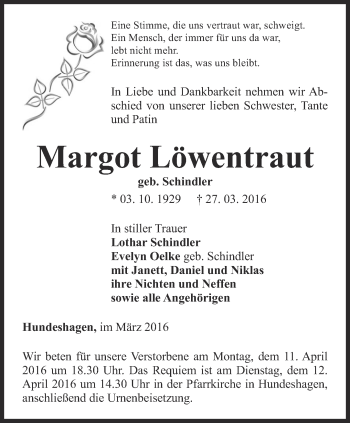 Traueranzeige von Margot Löwentraut von Thüringer Allgemeine