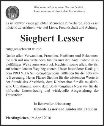 Traueranzeige von Siegbert Lesser von Ostthüringer Zeitung, Thüringische Landeszeitung
