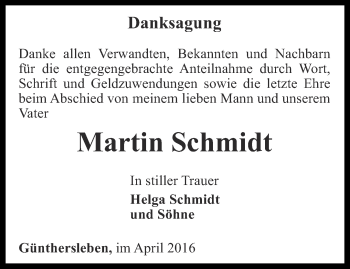 Traueranzeige von Martin Schmidt von Ostthüringer Zeitung, Thüringische Landeszeitung