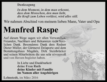 Traueranzeige von Manfred Raspe von Thüringer Allgemeine, Thüringische Landeszeitung