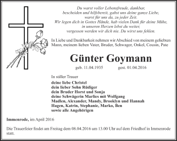 Traueranzeige von Günter Goymann von Thüringer Allgemeine