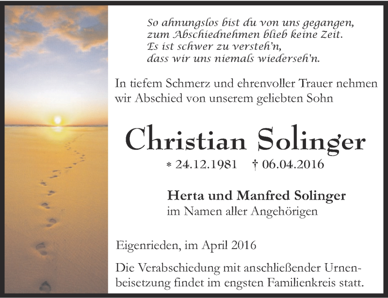  Traueranzeige für Christian Solinger vom 16.04.2016 aus Thüringer Allgemeine, Thüringische Landeszeitung