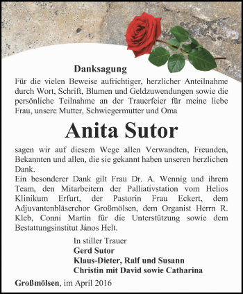 Traueranzeige von Anita Sutor von Thüringer Allgemeine, Thüringische Landeszeitung