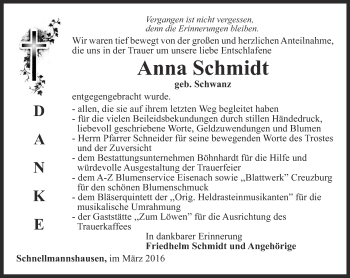 Traueranzeige von Anna Schmidt von Thüringer Allgemeine, Thüringische Landeszeitung