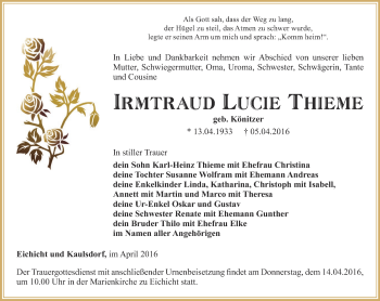 Traueranzeige von Irmtraud Lucie Thieme von Ostthüringer Zeitung