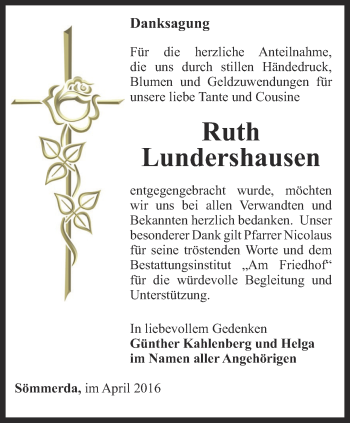 Traueranzeige von Ruth Lundershausen von Thüringer Allgemeine