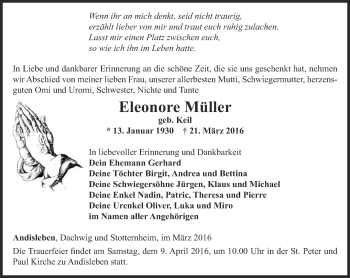 Traueranzeige von Eleonore Müller von Thüringer Allgemeine, Thüringische Landeszeitung