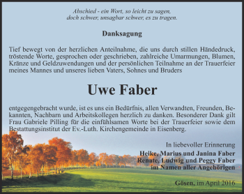 Traueranzeige von Uwe Faber von Ostthüringer Zeitung