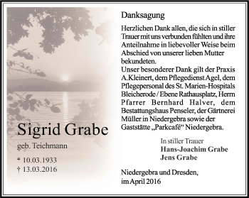 Traueranzeige von Sigrid Grabe von Thüringer Allgemeine