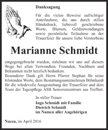 Traueranzeige von Marianne Schmidt von Thüringer Allgemeine, Thüringische Landeszeitung