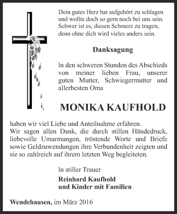 Traueranzeige von Monika Kaufhold von Thüringer Allgemeine, Thüringische Landeszeitung