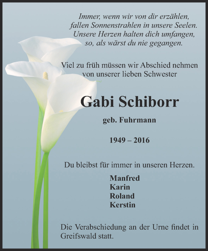  Traueranzeige für Gabi Schiborr vom 02.04.2016 aus Thüringer Allgemeine