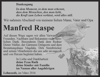 Traueranzeige von Manfred Raspe von Thüringer Allgemeine, Thüringische Landeszeitung