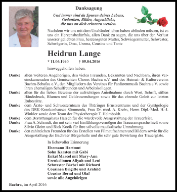 Traueranzeige von Heidrun Lange von Thüringer Allgemeine, Thüringische Landeszeitung