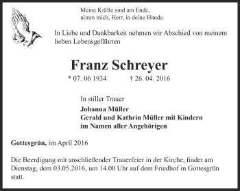 Traueranzeige von Franz Schreyer von Ostthüringer Zeitung