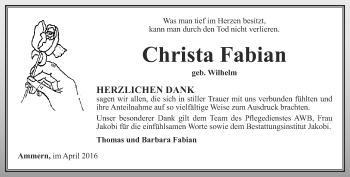 Traueranzeige von Christa Fabian von Thüringer Allgemeine, Thüringische Landeszeitung