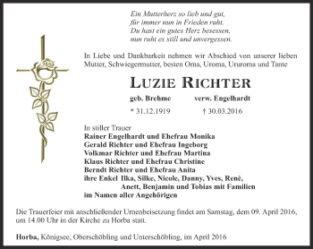 Traueranzeige von Luzie Richter von Ostthüringer Zeitung