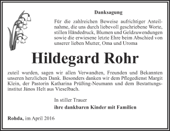 Traueranzeige von Hildegard Rohr von Thüringer Allgemeine, Thüringische Landeszeitung